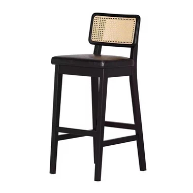 Schwarzer Hochhocker aus Holz mit Rattan-Rückenlehne